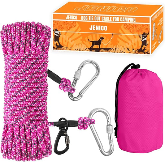 Dog Tie Out Cable for Camping - 100ft Dog Lead Dog Runner for Yard - Portable Dog Trolley System for Large Small Dogs Outside Pink