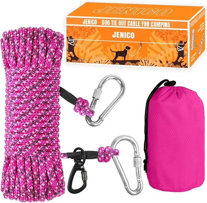 Dog Tie Out Cable for Camping - 70ft Dog Lead Dog Runner for Yard - Portable Dog Trolley System for Large Small Dogs Outside Pink