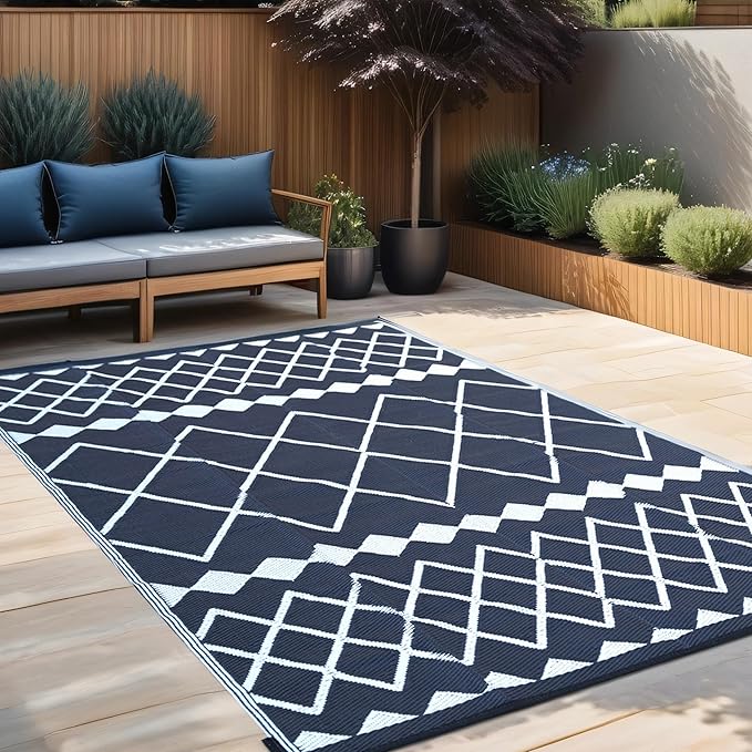 RURALITY Outdoor Rug 5x8 for Patios,Plastic Straw Waterproof Mats for Camping,Porch,RV,Picnic,Reversible,Geometric