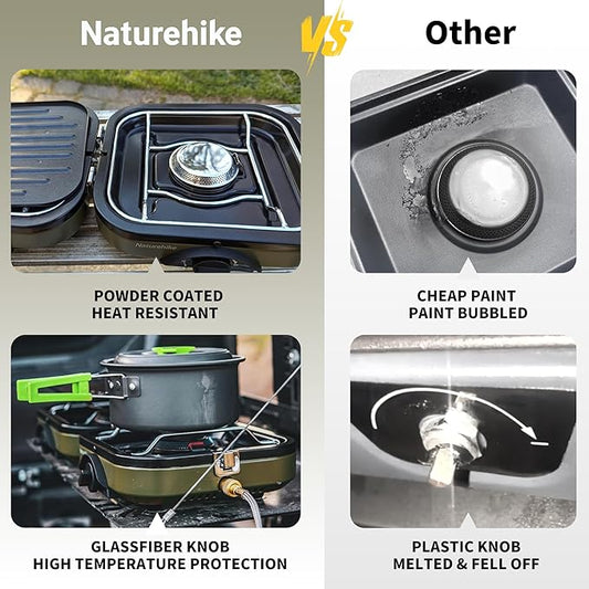 Naturehike 2 Burner Folding Camping Stove with Griddle, Portable Camp Isobutane Gas Stove with 16000 BTU Adjustable Burners & Piezo Ignition