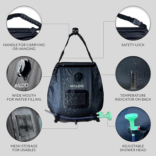 Malo'o 5 gallon/20L Portable Solar Shower Bag, Solar Heating Camping Shower Bag with Removable Hose and On-Off Switchable Shower Head for Camping Gear, Surfing, Beach, Swimming, Outdoor Travel, hiking