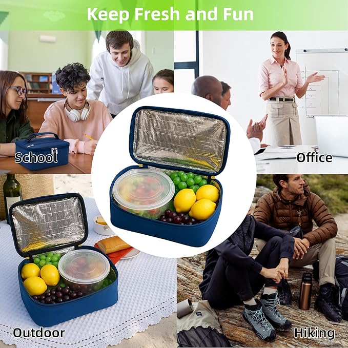 Small Lunch Box Insulated Lunch Bag for Women Men, Bento Kids Lunch Box, Compact Portable Thermal Meal Cooler Bags with Buckle Handle for Work & School, Navy Blue 5L