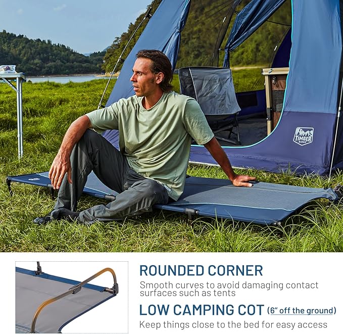 TIMBER RIDGE Lightweight Aluminum Camping Cot, 20-Second Quick Set-Up Folding Cot with Zipper Closure, Portable Carry Bag Included for Camping, Travel and Outdoors, Support up to 225lbs, Blue 2pcs