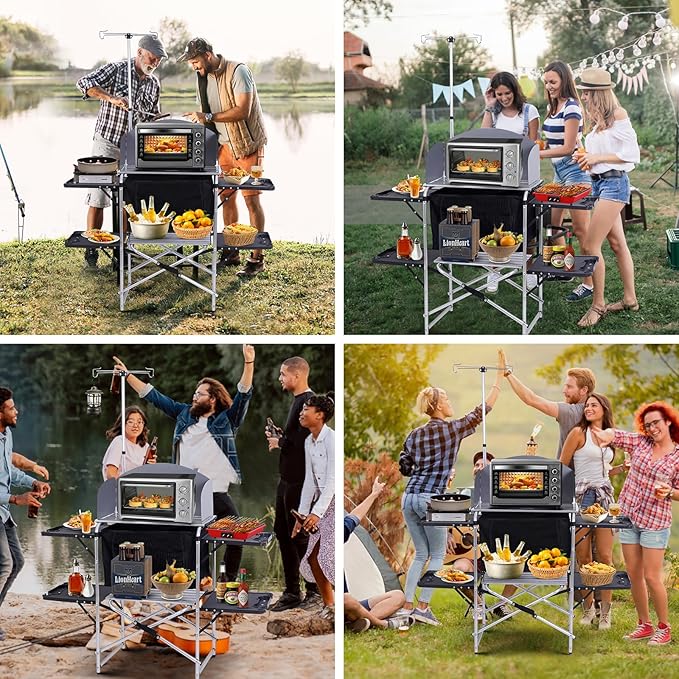 Nice C Camping Kitchen Station, Camping Table, Picnic Table, Grill Table, Folding Table, Upgrade Light Stand and Windshield Cooking Station & Organizers, Carry Bag for Beach, Picnic (Silver/Black)