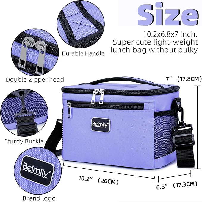 BEIMILY Lunch Box for Men/Women,Small Insulated Lunch Bag,Reusable LunchBox for work Picnic Hiking Beach,Leakproof Soft Cooler Tote Bag Organizer with Adjustable Shoulder Strap for Adults(Violet)