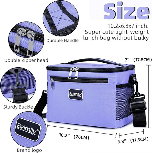 BEIMILY Lunch Box for Men/Women,Small Insulated Lunch Bag,Reusable LunchBox for work Picnic Hiking Beach,Leakproof Soft Cooler Tote Bag Organizer with Adjustable Shoulder Strap for Adults(Violet)