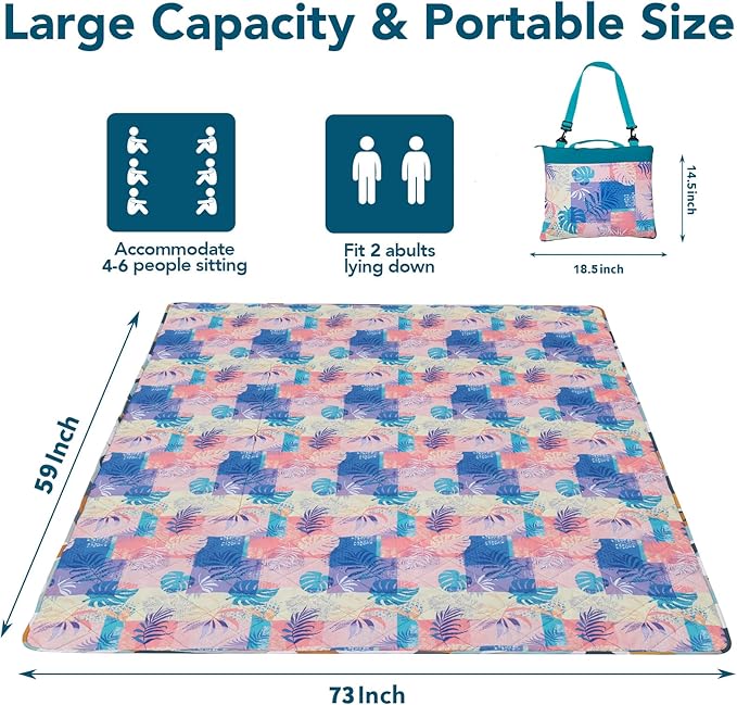 Picnic Blankets Extra Large, Waterproof Sandproof Packable Outdoor Beach Blanket Oversized 73x59”, 3-Layer Picnic Mat for Camping Hiking Travel Park with Easy-Carrying Tote Bag (Yellow Leaves)