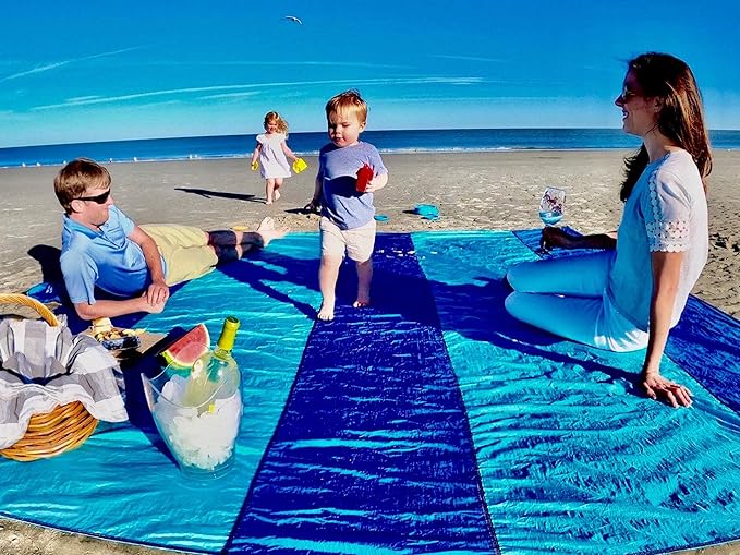 Premium XXL Beach Blanket Sandproof Water Resistant Quick Dry Mat 10ft by 9ft for 1-8 Adults with 4 Metal Stakes, 4 Corner Pockets, Secure Clip and Strap, and Attached Bag