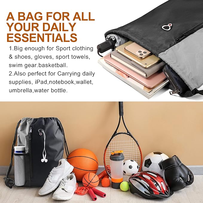 Drawstring Backpack Sports Gym Bag for Women Men Large Size With Two Zipper Pockets and Water Bottle Mesh Pockets