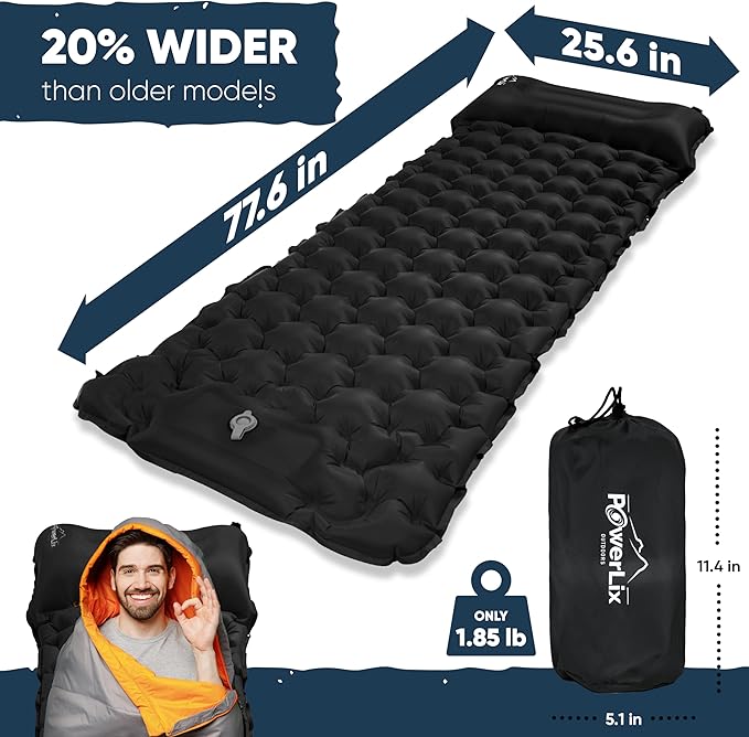 POWERLIX Camping Sleeping Pad, Ultralight Camping Mat with Pillow Built-in Foot Pump Inflatable Sleeping Pads for Camping Backpacking Hiking Traveling Tent