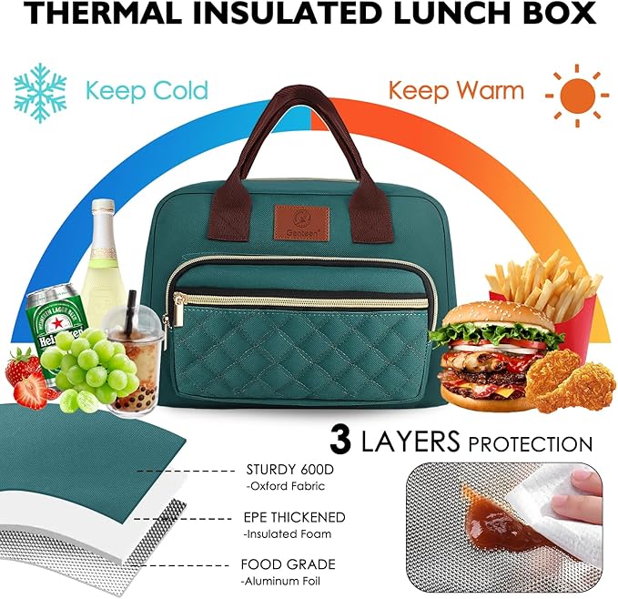 Lunch Bag for Women,Insulated Adult LunchBox for Women,Reusable Cute Lunch Bags for Work,High Capacity Cooler BagTote for Work Girls Office Picnic School-Lake Green