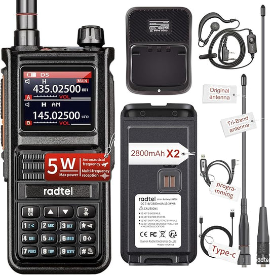 Radtel RT-470X Ham Radio with NOAA Weather Receiver Handheld Long Range Walkie Talkies 256CH Air Band Two Way Radio with Desktop Charger, 2X 2800mAh Battery, Tri-Band Antenna