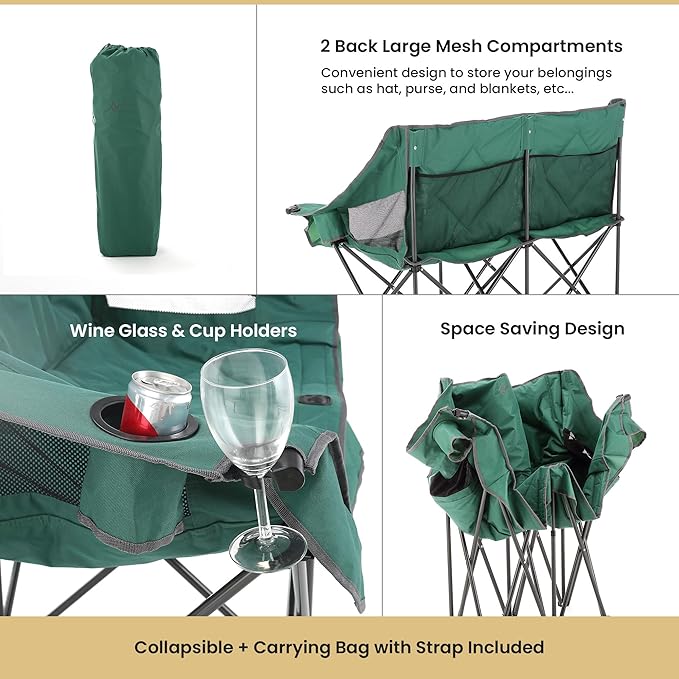 ARROWHEAD OUTDOOR Portable Folding Double Duo Camping Chair Loveseat w/ 2 Cup & Wine Glass Holder, Heavy-Duty Carrying Bag, Padded Seats & Armrests, Supports up to 500lbs, USA-Based Support