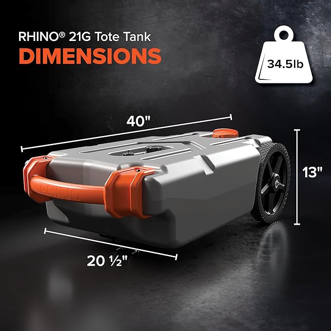 Camco Rhino 21-Gallon RV Portable Waste Tank - Features Large Heavy-Duty No-Flat Wheels & Low Drain Hole - Includes Removable Steel Tow Adapter, 3’ Sewer Hose & More RV Accessories (39002)
