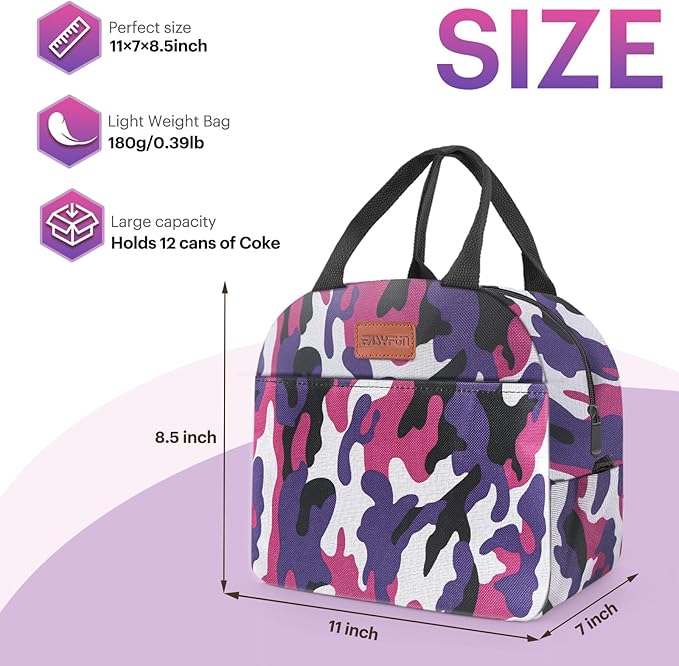 Lunch Bag for Women & Men Adult Insulated Lunch Box, Small Leakproof Cooler Food Lunch Containers Reusable High Capacity Lunch Tote Bags for Work, Travel, Outdoor (Purple Camo)