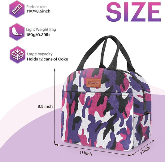 Lunch Bag for Women & Men Adult Insulated Lunch Box, Small Leakproof Cooler Food Lunch Containers Reusable High Capacity Lunch Tote Bags for Work, Travel, Outdoor (Purple Camo)