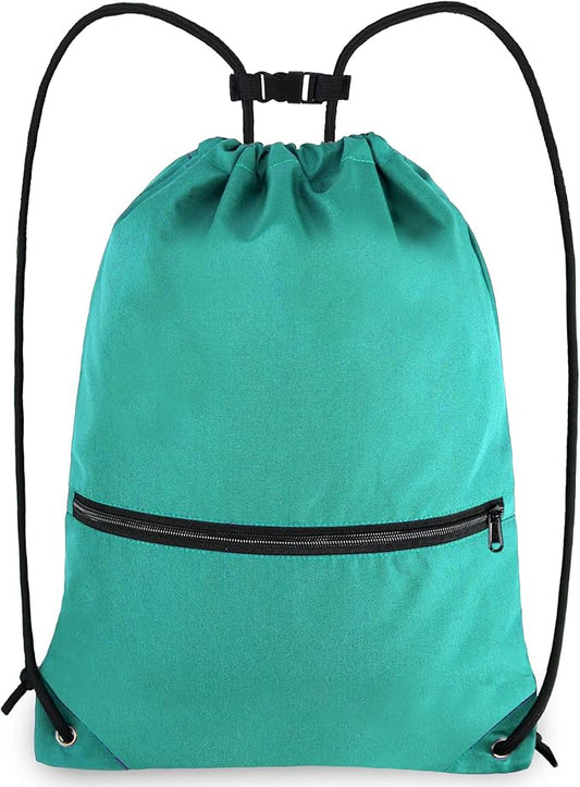 Drawstring Backpack Sports Gym Bag for Women Men Large Size With Two Zipper Pockets and Water Bottle Mesh Pockets