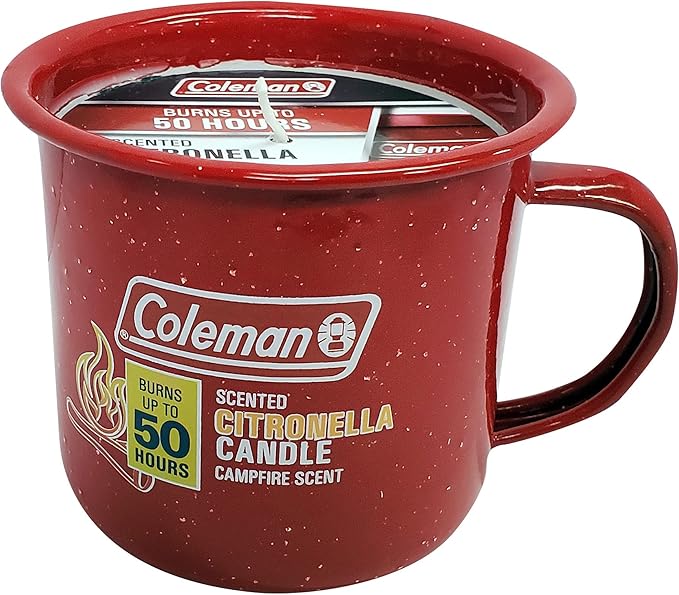Coleman Repellents Tin Mug Outdoor Citronella Candle | Rustic Outdoor Camping Candle with Campfire Scent, Red