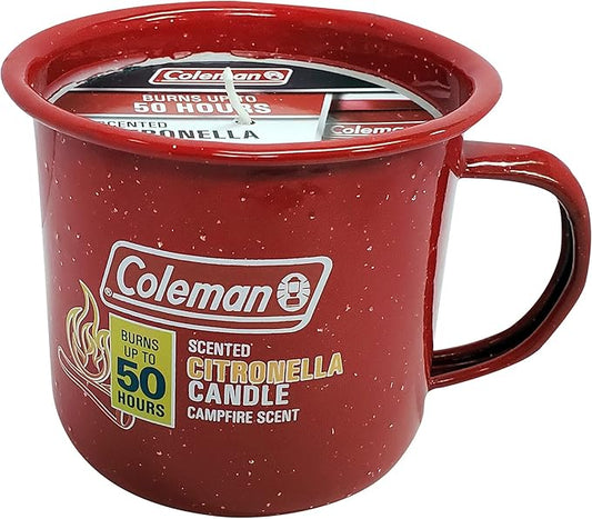 Coleman Repellents Tin Mug Outdoor Citronella Candle | Rustic Outdoor Camping Candle with Campfire Scent, Red