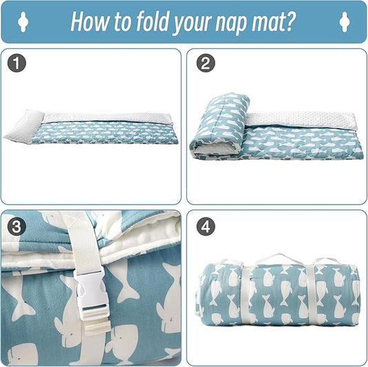 Bunnikins & Clover Toddler Nap Mat with Removable Pillow, Nap Mats for Preschool, Easy Clean Toddler Nap Pad for Kindergarten, Kids Sleeping Bag for Travel Camping