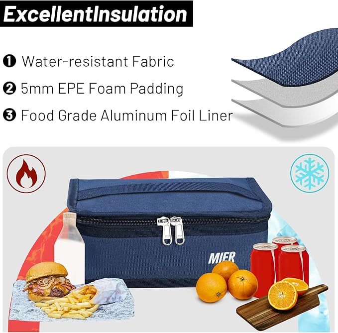 MIER Portable Thermal Insulated Cooler Bag Mini Lunch Bag for Kids, Navy Blue