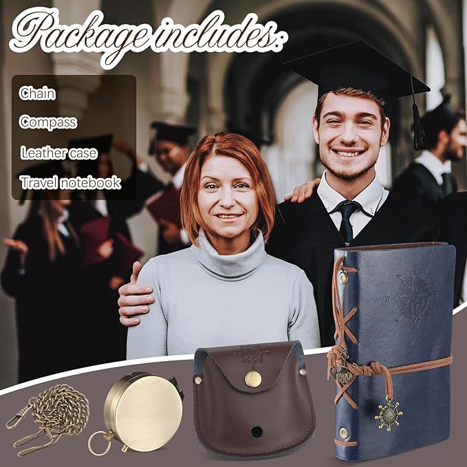 Kanayu 2 Pcs Compass Graduation Gift Compass with Stamped Leather Case and Leather Journal Notebook High School College Graduation Gifts for Him