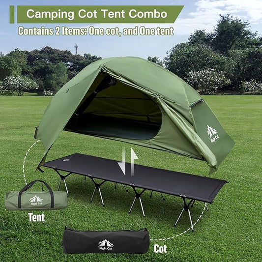 Night Cat Camping Cot Tent for 1 Person Off Ground Elevated Tent Cot Foldable Camping Sleeping Bed with Rainfly Waterproof Green
