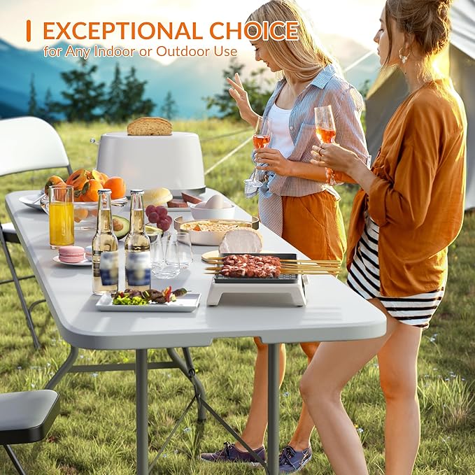 Folding Table, 8 Feet Heavy Duty Fold-in-Half Utility Table Indoor Outdoor for Camping, Picnic, Party
