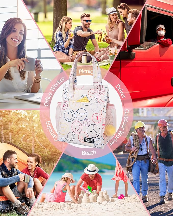 Fmeida Insulated Lunch Bag Women, 6.75L Small Lunch Tote Bags, Waterproof Thermal Cooler Lunch Bag, Reusable Lunch Box with Front Side Interior Pockets, Smile Face