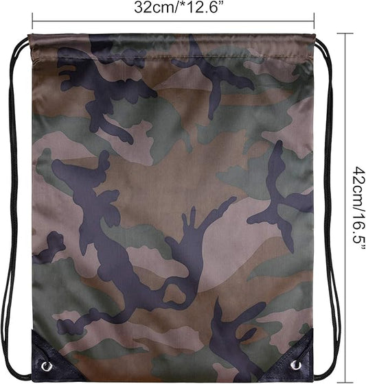 KUUQA 12 Pack Camouflage Drawstring Backpack Bulk String Backpack Cinch Kids Sport Bags Storage Bags for Gym Traveling (Camouflage)