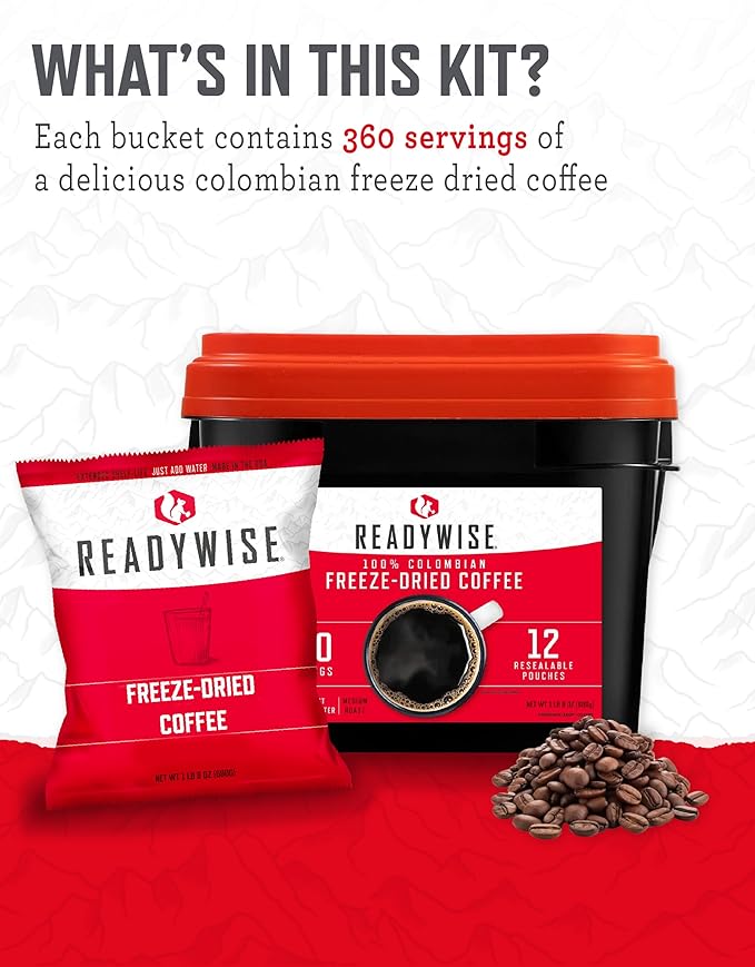 READYWISE - Freeze-dried Coffee Bucket, 360 Servings, Emergency, Meal & Drink Supply, Freeze Dried Survival Drink for Hiking, Adventure and Camping Essentials, Resealable Pouches