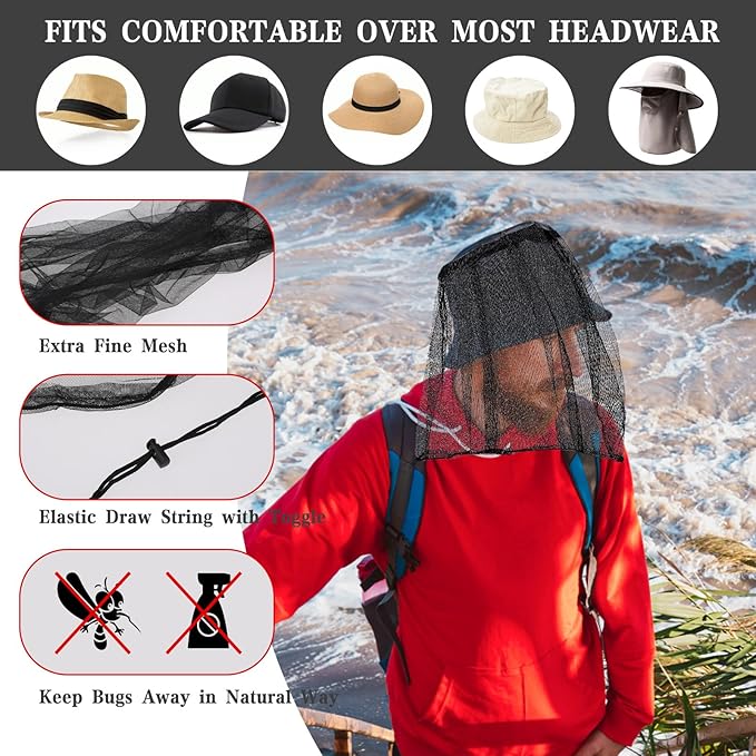 Mosquito Head Net, Premium Extra Fine Holes Face Mesh Bug Face Netting for Head Hiking, Backpackers Insect Net Mask Cover for Outdoor Travel Camping Hiking