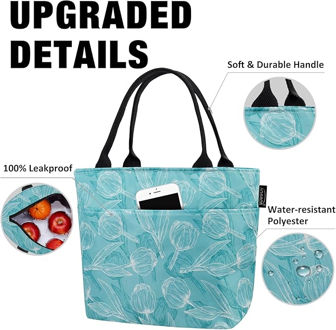 Aosbos Women's Reusable Lunch Bag - Leakproof Insulated Cooler Lunch Box Lunch Tote Meal Prep Container Lunch Cooler Bags, Green Tulip