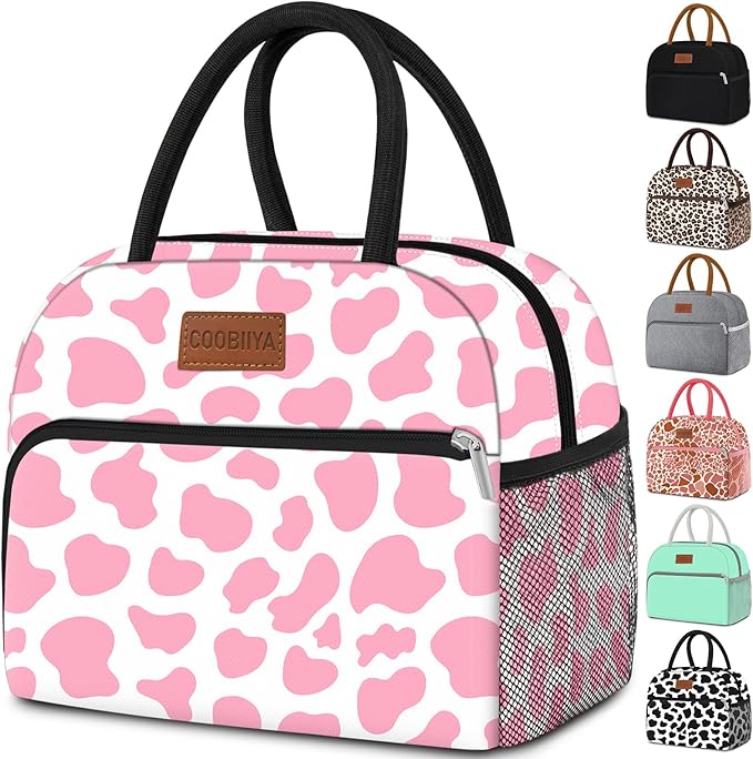 Coobiiya Lunch Bag Women, Lunch Box for Women Adult Men, Small Leak-proof Cute Lunch Tote Large Capacity Reusable Insulated Cooler Lunch Container for Work/Office/Picnic/Travel-Pink Cow