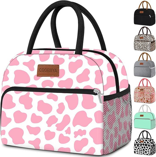 Coobiiya Lunch Bag Women, Lunch Box for Women Adult Men, Small Leak-proof Cute Lunch Tote Large Capacity Reusable Insulated Cooler Lunch Container for Work/Office/Picnic/Travel-Pink Cow