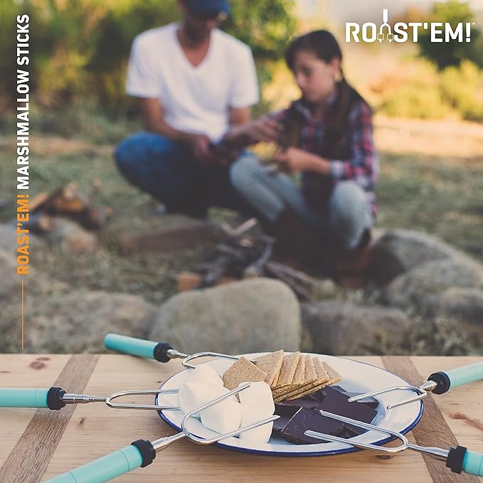 Rotating Marshmallow Roasting Sticks for Campfire & Bonfire | Extra Long Hot Dog & Smores Sticks for Fire Pit | Camping Smores Kit | Retractable Campfire Skewers | Set of 5