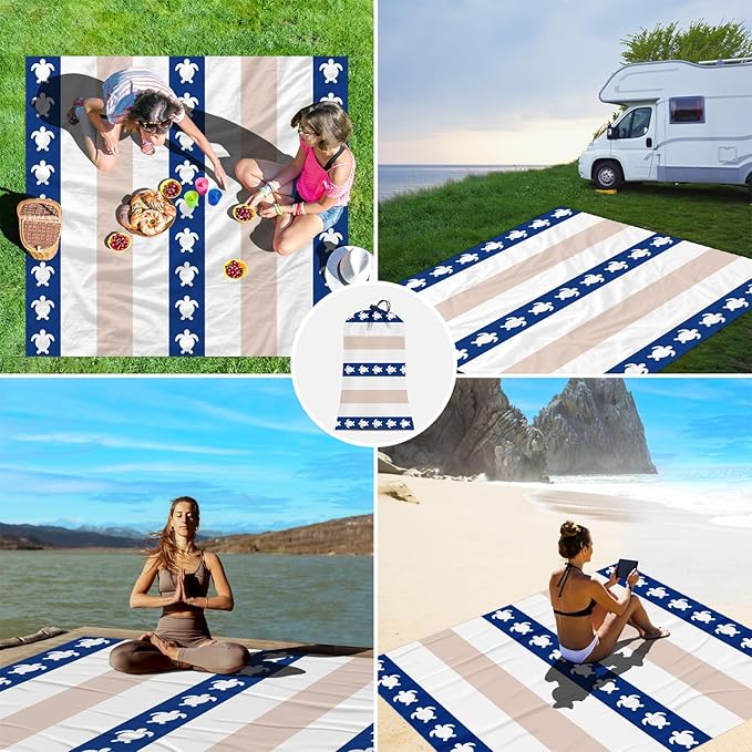 Waterproof Sandproof Beach Blanket, Blue Stripe Turtle Beach Mat Oversized for 2-4 Person, Compact Sand Free Quick Dry Polyester Outdoor Picnic Blanket for Travel, Camping, Hiking