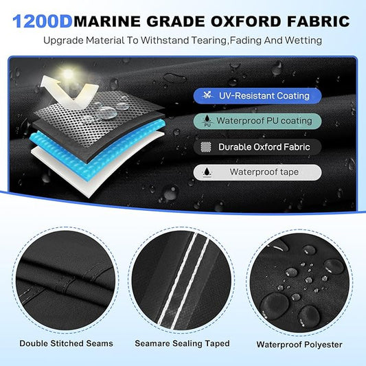 Boat Cover 20-22ft, Bass Tracker Boat Cover with Sand Bag Mooring Kit,1200D Marine Canvas Waterproof Heavy Duty Boat Covers for 20 feet 21ft 22' Foot V Hull Bass & Runabout Boat,Black