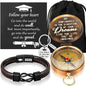 Quelay 5 Pcs Compass Graduation Gift Class of 2025 Engraved Compass Keychain Leather Stainless Steel Knot Bracelet Inspirational Card and Drawstring Bag High School College Graduation Gifts for Him