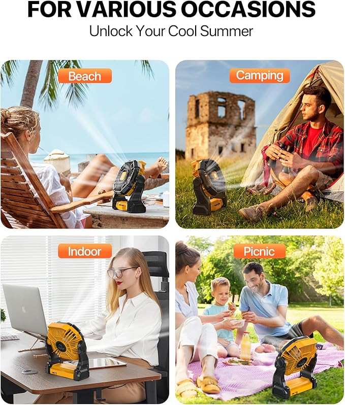 Camping Fan Rechargeable - Battery Powered Fans with Light, 20000mAh Portable Camping Fan for Tents, Hook, 270° Rotation Battery Operated Fans for BBQ Travel Desk Beach with Ventilador Recargable