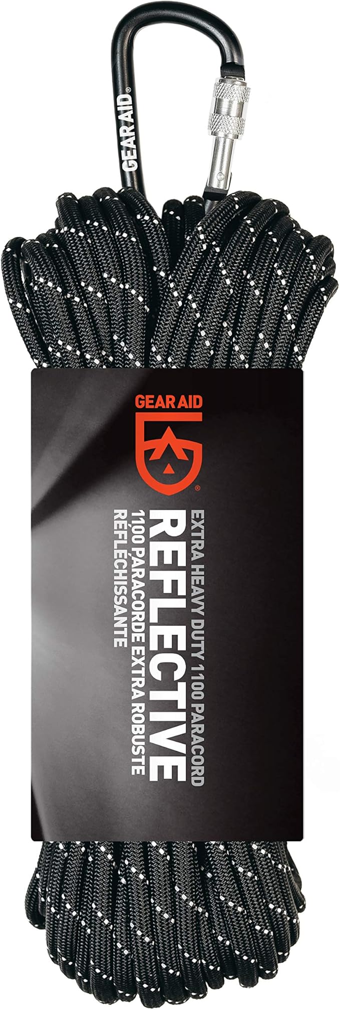 GEAR AID 1100 Paracord and Carabiner, 5.5 mm Heavy-Duty Cord for Camping and Survival, Black Reflective