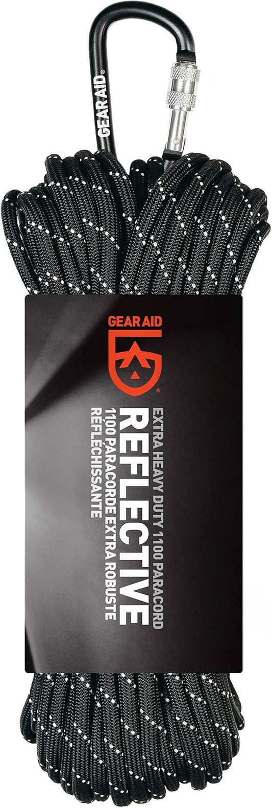 GEAR AID 1100 Paracord and Carabiner, 5.5 mm Heavy-Duty Cord for Camping and Survival, Black Reflective