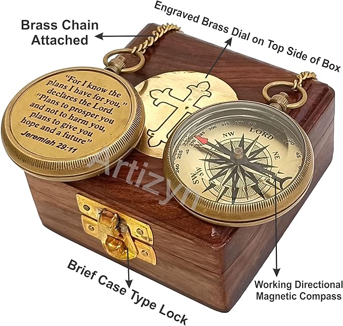 For I Know The Plans I Have For You Brass Magnetic Compass Engraved with Scripture Jeremiah 29:11, Directional Compass, Religious Gifts For Men, Easter Gifts For Teen Boys