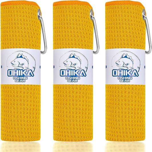 Microfiber Fishing Towels with Clip, Waffle Pattern for Effective Cleaning of Fishing Gears or Dirty Hands, 16” x 16”, Camping Towels, Hiking Towels, Pack of 3 (Yellow)
