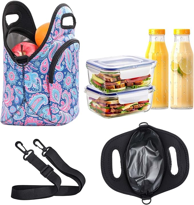 Neoprene Lunch Bag, Thermal Insulated Lunch Tote Bag with Detachable Shoulder Straps, Lightweight & Reusable Lunch Bag for Women Men