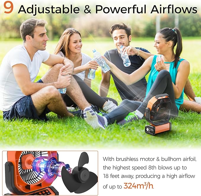 Camping Fan with Light - 20000mAh Rechargeable Battery Fan, 112Hrs Max Run Time, 9 Speeds, Digital Display, Timer, Auto Oscillation, 270° Pivot & Hook for Camping, Power Outage, Hurricane (Orange)