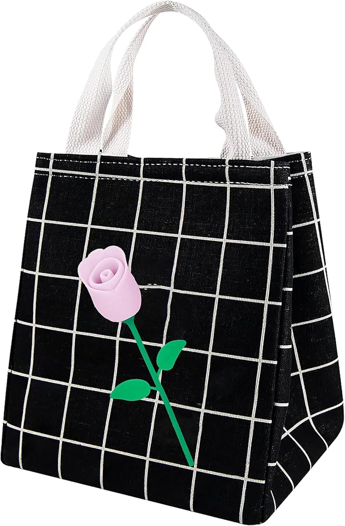 Lunch Bag Insulated Lunch Box for Women Men,Reusable Adult Lunch Tote Bags for Work or Travel (Pink Flower Black)