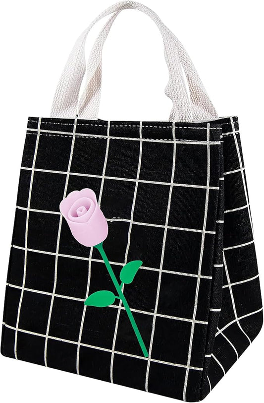 Lunch Bag Insulated Lunch Box for Women Men,Reusable Adult Lunch Tote Bags for Work or Travel (Pink Flower Black)