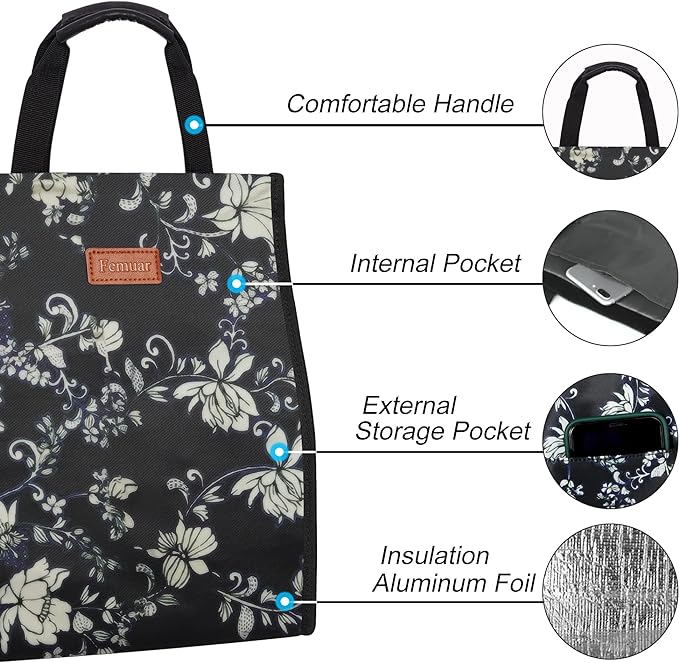 Lunch Bags for Women Insulated Reusable Lunch Tote with Internal Pocket, Lunch Tote bag for Work（Rose）