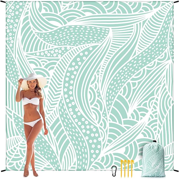 Beach Blanket, Sandproof Beach Mat, Waterproof Quick Drying Lightweight Outdoor Picnic Mat 79" X 83" for 2-4 Adults with Pocket for Travel, Camping, Hiking